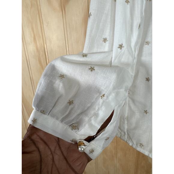 Vilagallo White Star Shirt Size 40 NWOT 3/4 Sleeve Cotton Blend Partial button - Picture 5 of 8